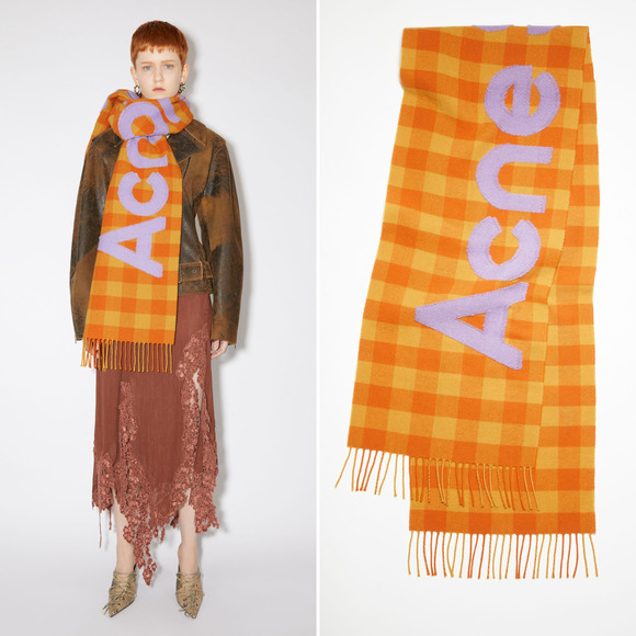 NWT $420 Acne Studios Veda Checked Wool Big Logo Scarf 80"x37" Orange Purple - Picture 3 of 13